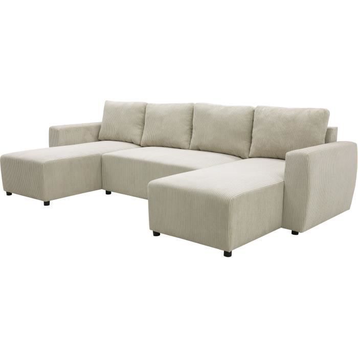 PHARELL 7-seater panoramic convertible sofa - Beige corduroy - Storage compartment - W297 x D155 x H85
