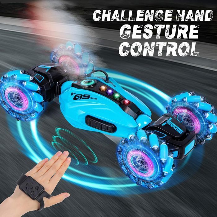 Coche todoterreno controlado por gestos: rotación de 360° con pulverizador, luces LED y música. Juguete para niños de 6 a 12 años.
