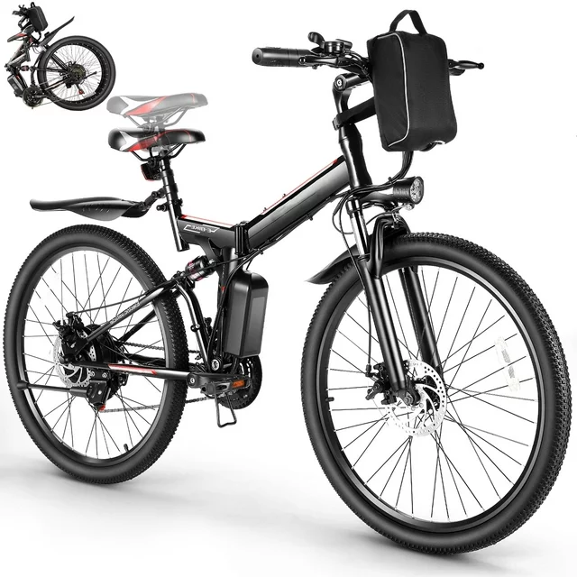 Gocio 26-tums elcykel för vuxna, 500W hopfällbar elektrisk mountainbike, max 80 km, full fjädring, 48V hopfällbar elcykel med avtagbart 374,4 Wh litiumjonbatteri, elektrisk stadscykel