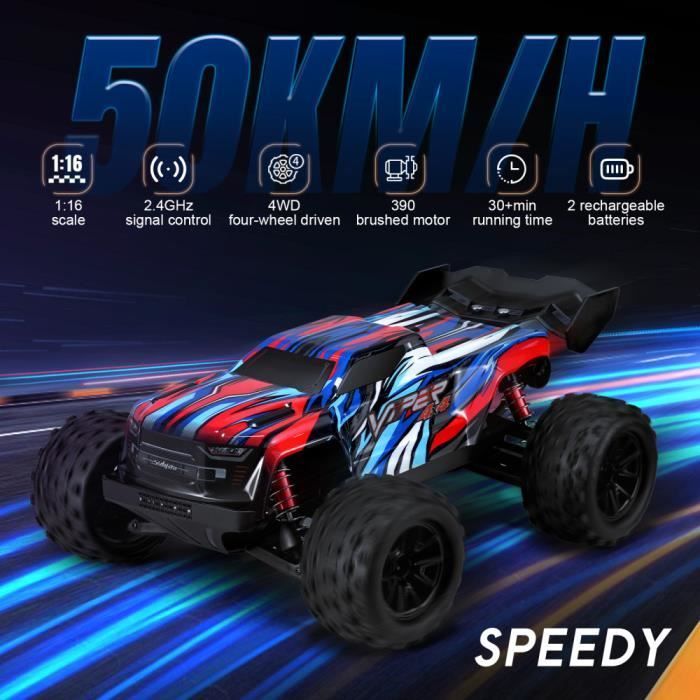 Coche teledirigido a escala 1:16 de 50 km/h para adultos, coche RC 4x4, camión monstruo RC de 2,4 GHz, buggy RC, 2 baterías para adultos y niños.