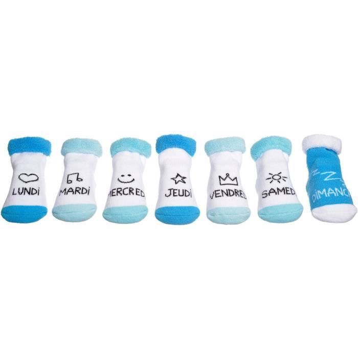 Calcetines para bebé XX Small 36-1E-011, Días de la semana, juego de 7 pares, talla 0-6 meses, blanco y azul, algodón, poliéster y elastano.