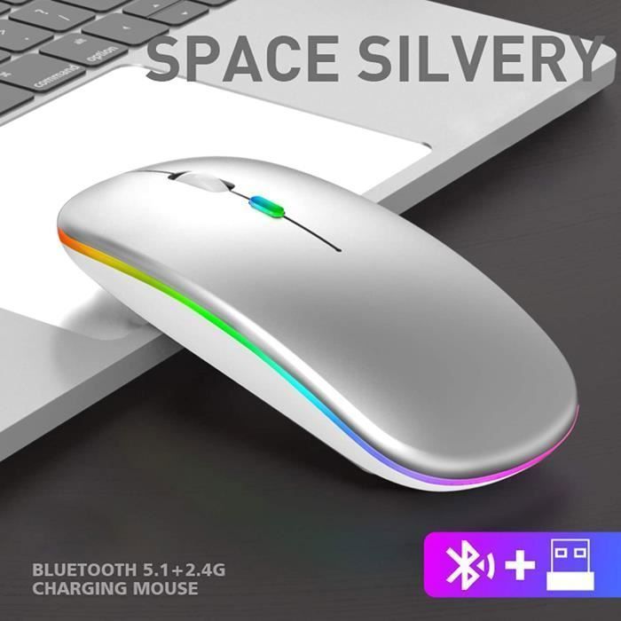 Ratón inalámbrico recargable - Bluetooth - Plateado - 3 niveles de DPI - Silencioso - Luces de colores