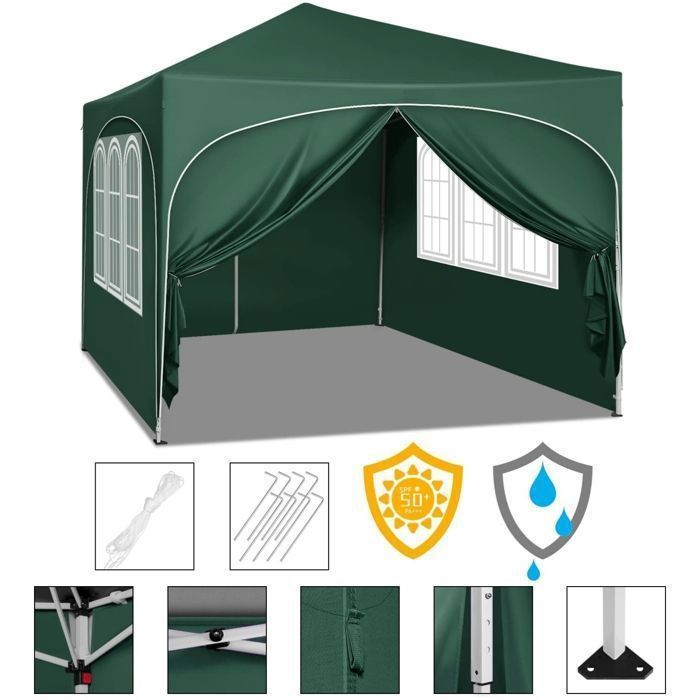 Cenador de jardín WOLTU, pérgola plegable de 3x3 m con 4 paneles laterales, altura ajustable, impermeable, protección UV, verde.