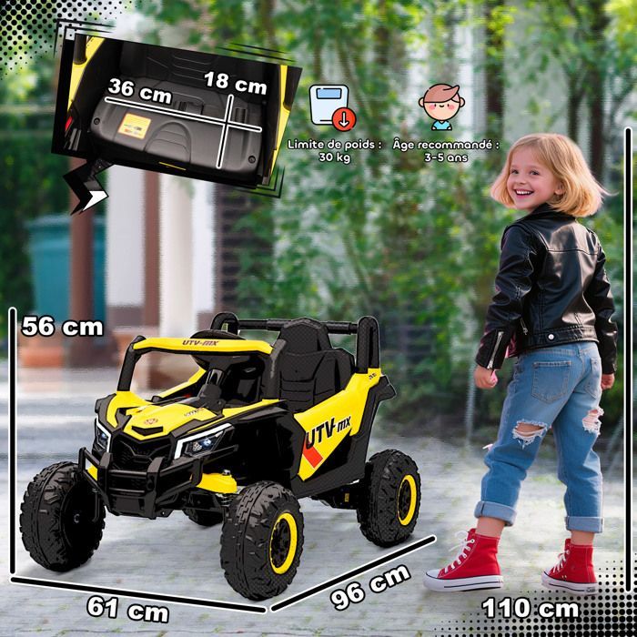 Coche eléctrico UTV infantil AIYAPLAY - Control remoto, luces LED, música, puerto USB - PP y metal - 96 x 61 x 56 cm - Amarillo