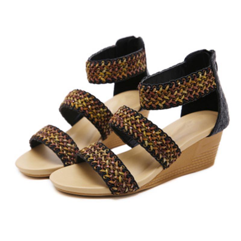 Sandali da donna stile bohémien, scarpe da spiaggia da donna, zeppe con punta aperta e cerniera, cinturino alla caviglia, scarpe casual da donna, calzature taglie forti 42