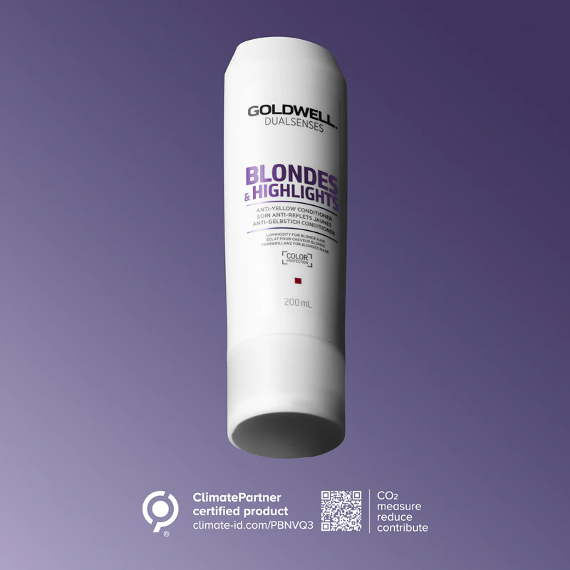 Condicionador Goldwell Dualsenses Blondes & Highlights para cabelos loiros, neutraliza tons amarelados.