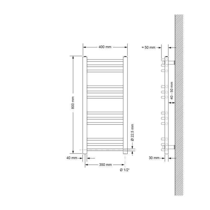 Radiatore scaldasalviette Sahara - ECD Germania - 400x1800mm - Antracite - Attacco laterale - Forma curva