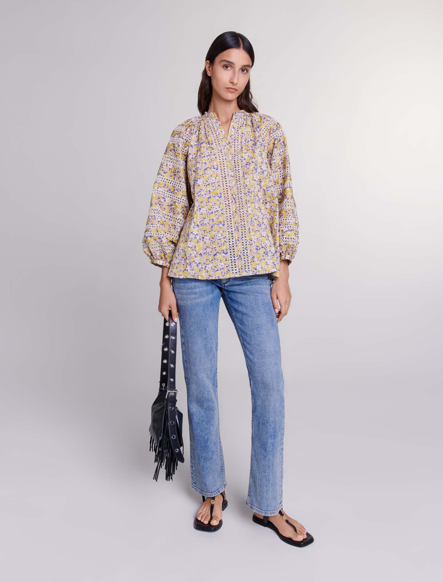 Bluza imprimata si brodata-Imprimé Fleurs Brodées Beige