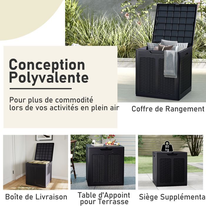COSTWAY Coffre de Rangement Extérieur 145 L - 56 x 56 x 60,5 cm (L x l x H), Motifs en Rotin PP Noir