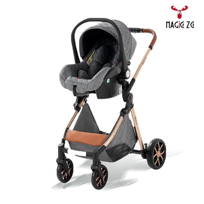 Passeggino MagicZC 3 in 1, per neonati, combinato, pieghevole, con schienale regolabile, 0-36 kg, neonato, grigio