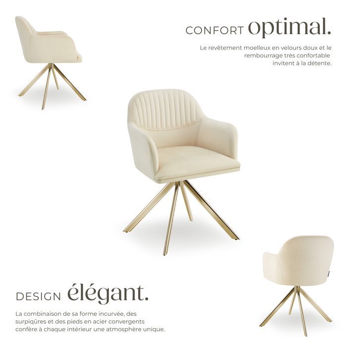 Chaise - TECTAKE - Fauteuil LONA pivotant à 360° avec rembourrage épais et dossier arrondi 56 x 59 x 81 cm - Crème/Or