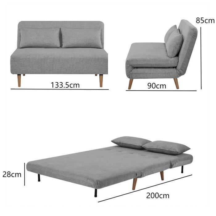 Sofá cama BZ - 2 plazas - Tela gris claro - 130 x 90 x 81 cm - DEPLO