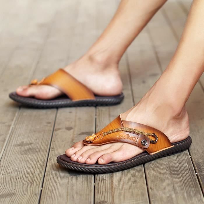 Chanclas de cuero para hombre - Antideslizantes para piscina y playa - Marrón
