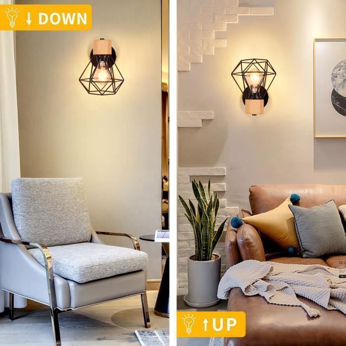 Conjunto de 2 arandelas industriais de parede para interiores TOKIUS, com design em gaiola de metal e madeira, estilo retrô, soquete E27, ideais para quarto, corredor e sala de estar, na cor preta.