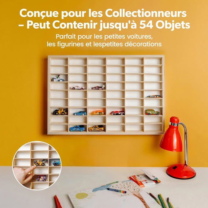 Étagère murale - CREATIVE DECO - Voitures Miniatures - 54 Compartiments - 60x40x5,5 cm - Bois Naturel