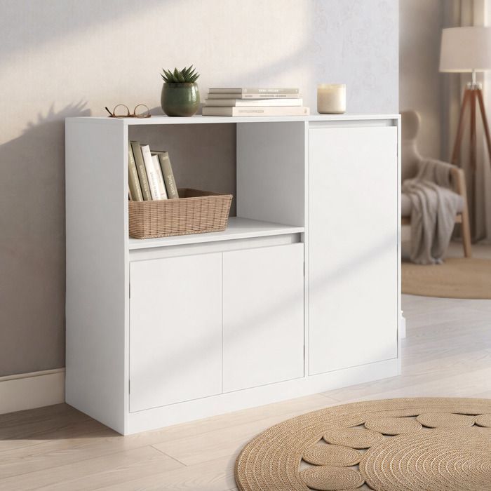 Kitchen Cabinet, Buffet with Microwave Shelf, 3 Doors, Worktop, Open Compartment, White
