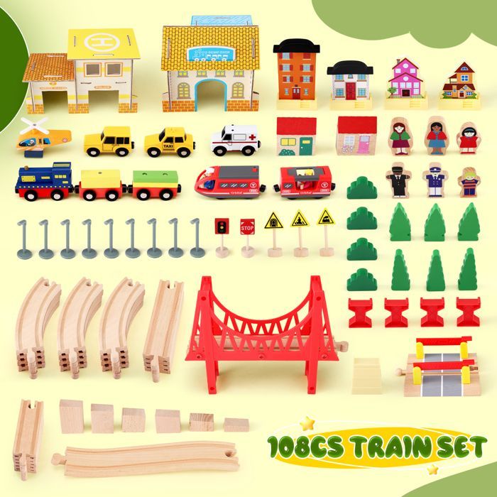 Set trenino Montessori in legno da 108 pezzi per bambini - TTLIFE - Vagone trenino per bambini, con 4 vagoni e binari, giocattolo regalo di Natale