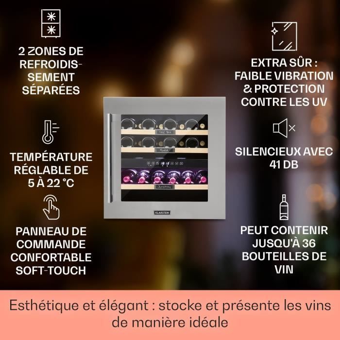 Cave à vin - Klarstein - 94 L - 36 bouteilles - Armoire à vin - 2 zones - Écran led - Cave à vin encastrable - Porte vitrée