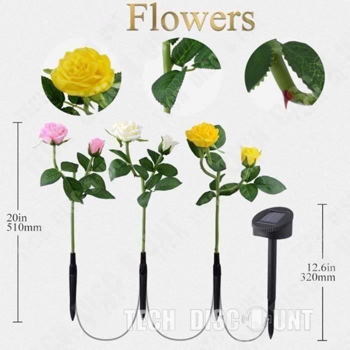 Lámpara LED solar para jardín TD® para exteriores, ramo de 3 flores artificiales decorativas en maceta, farol de jardín para patio.