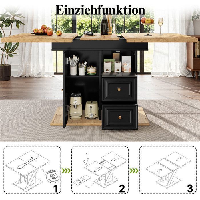 Mesa de cozinha extensível em madeira para 4 a 6 pessoas, mesa de jantar com espaço de armazenamento, 2 gavetas, prateleira e porta, 110–140x80 cm, preta.