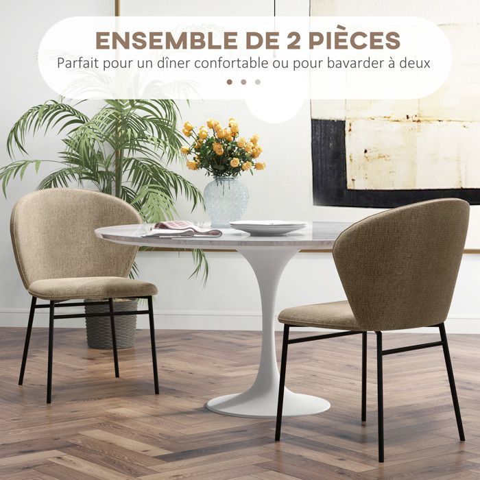 Juego de 2 sillas de comedor - HOMCOM - asiento tapizado en tela con aspecto de lino - patas de acero - diseño moderno - marrón claro