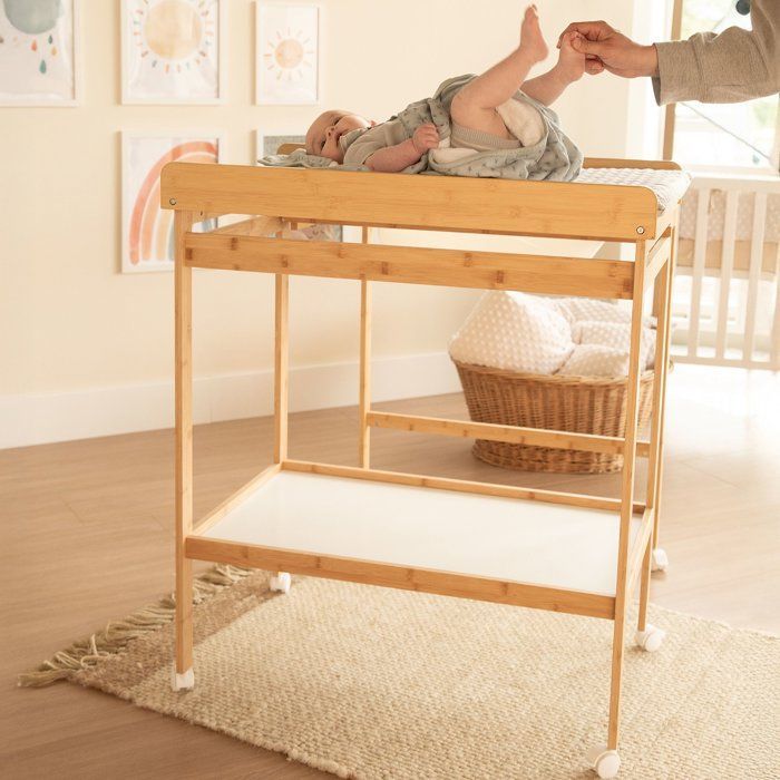 Table à langer avec baignoire coulissante - ROBA - Inclus matelas déperlant Roba style Gris - Tablette de rangement - Bambou naturel