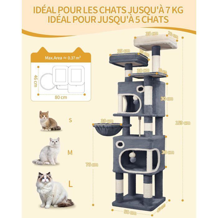 Cat Tree, 159 cm High, Cat Play Tower with 8 Scratching Posts, 3 Platforms, 2 Caves, Basket, Pom-poms, Dark Grey