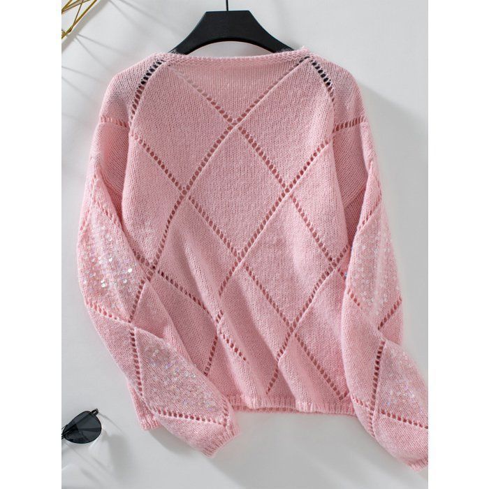 Jersey de cuello redondo para mujer, colección otoño-invierno 2025, diseño calado con lentejuelas, punto de rombos elegante - Rosa