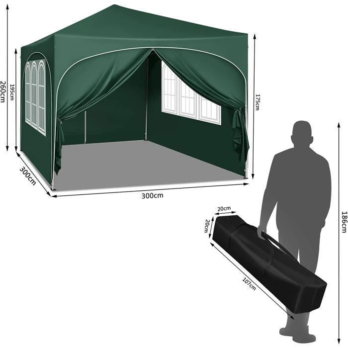 Cenador de jardín WOLTU, pérgola plegable de 3x3 m con 4 paneles laterales, altura ajustable, impermeable, protección UV, verde.