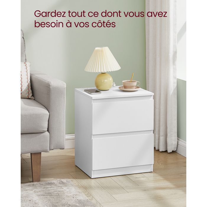 VASAGLE Lot de 2 Table de Chevet avec Multiprise, Table d'Appoint, 2 Tiroirs, 2 Prises CA, 2 Ports USB-A, Moderne, Blanc Nuage