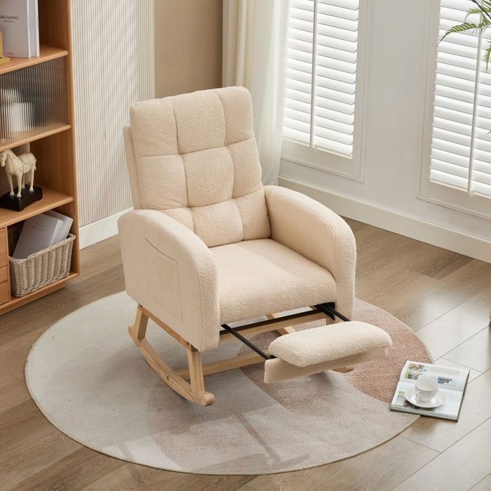 Mecedora - LEMONBEST - Reposapiés extensible 132×50×99 cm - Terciopelo Teddy - Madera maciza - Beige