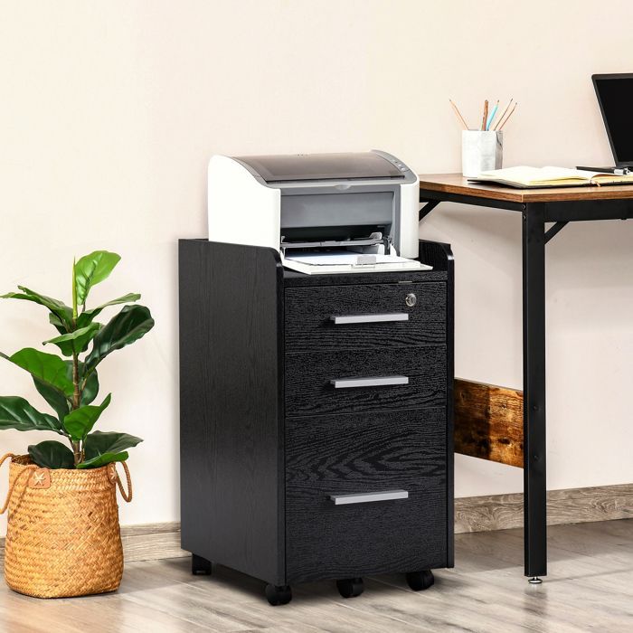 HOMCOM office storage unit, desk on casters, 3 drawers (1 lockable), 1 file organizer, black wood