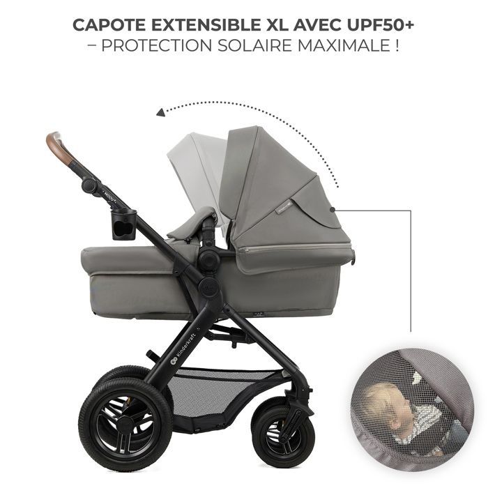 Sistema de viaje Kinderkraft MOOV2 AIR 3 en 1, desde el nacimiento hasta los 27 kg, incluye silla de coche Mink PRO I-Size, gris claro.