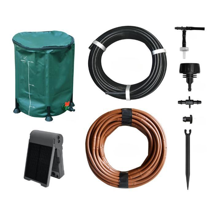 Kit arrosage goutte à goutte solaire - Pompe programmable - Réserve d'eau 50L - 5m micro-tuyau Ø 6mm