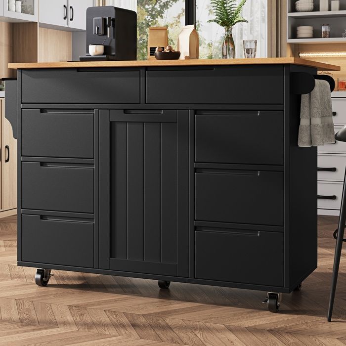 Küchenwagen – TKOPY – Rollbarer Kücheninselwagen mit 8 Schubladen und Gewürzregal – 122 x 74,5 x 91,5 cm – Schwarz