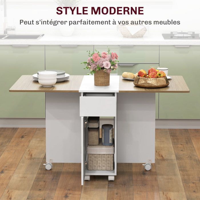 Table à manger pliable pour 2-6 personnes, table de cuisine sur roulettes avec 2 tiroirs 2 placards, 140x76x74cm, blanc