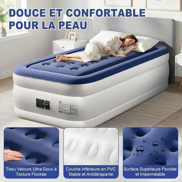 Colchón hinchable con bomba eléctrica integrada y superficie suave aterciopelada, ideal para camping, hogar o invitados, 190 x 99 x 45 cm.