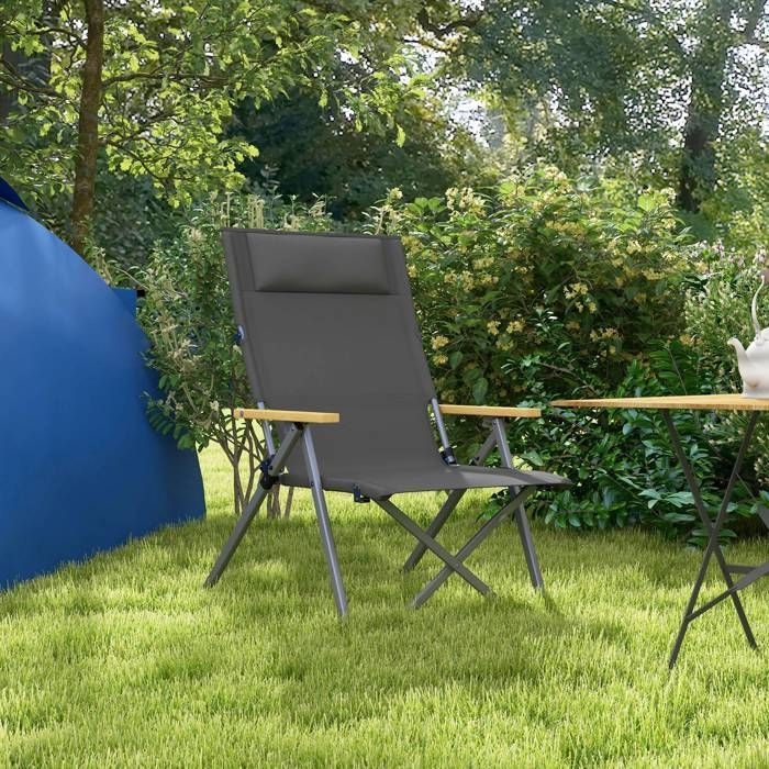 Campingstol - Outsunny - foldbar og bærbar - justerbar ryglæn, polstret nakkestøtte, lomme - 74 x 59,5 x 98 cm - mørkegrå