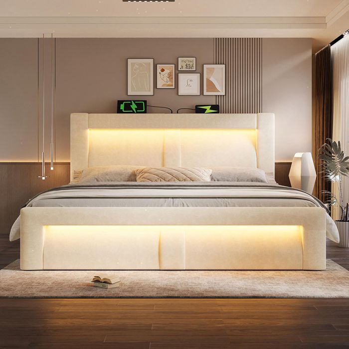 Cama estofada com arrumação, 180x200 cm, Cama de casal com arrumação, LED com controlo por aplicação, USB e Tipo-C, Cabeceira curva, Veludo, Bege