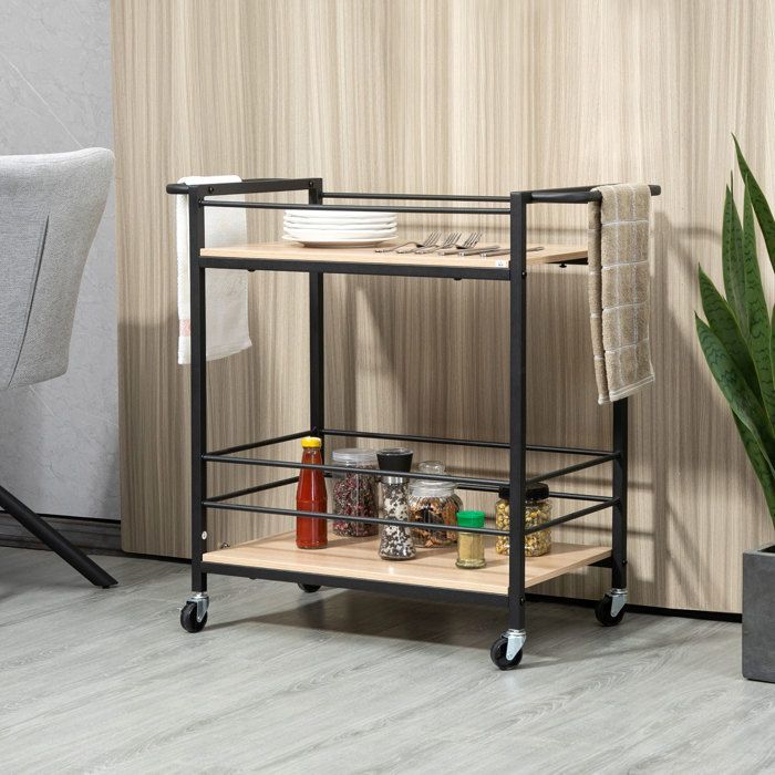 HOMCOM kitchen trolley with wheels, 2 shelves, metal frame and wood-look finish - dimensions 82L x 40W x 75H cm