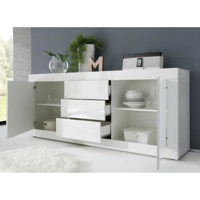 Buffet BASICO 2 Portes 3 Tiroirs Blanc Laqué brillant  - L210xP42xH85,8 cm