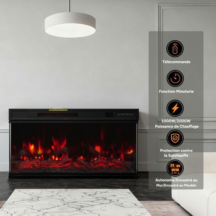 Chimenea eléctrica HOMAVO de 91 cm (36 pulgadas), 1000/2000 W, llama 3D, chimenea independiente/empotrada, mando a distancia, temporizador.