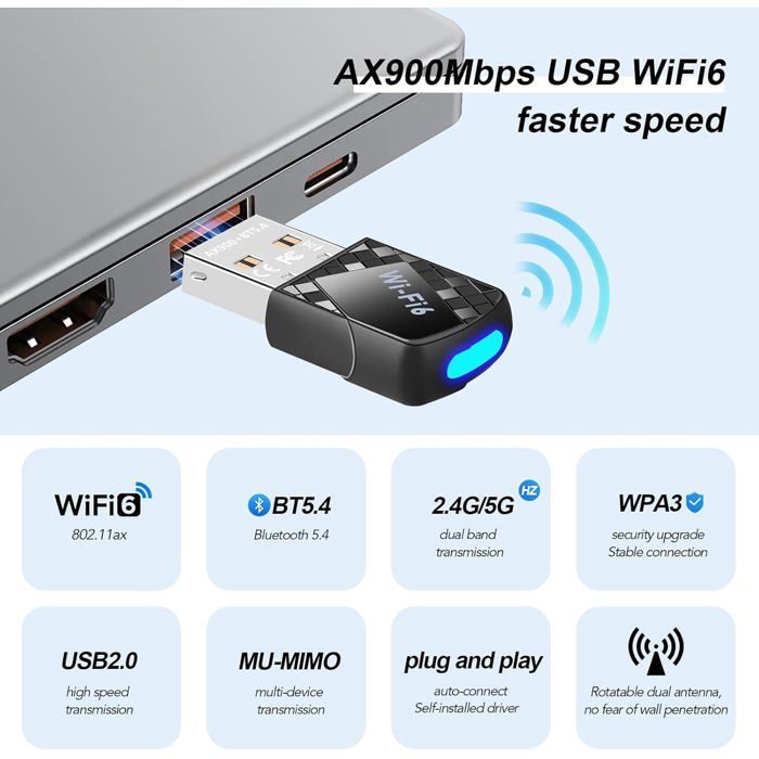 WiFi 6 adapter - OTBACT - AX900Mbps - Bluetooth 5.4 - Dual-Band 2.4G/5G - Windows 11/10/7 compatible