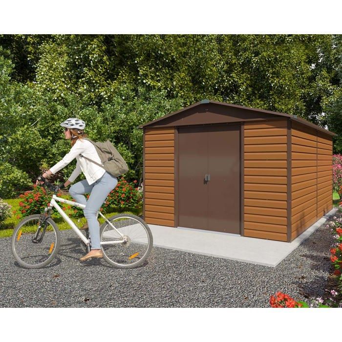 Caseta de jardín metálica Yardmaster de 10,46 m² con acabado efecto madera + kit de anclaje