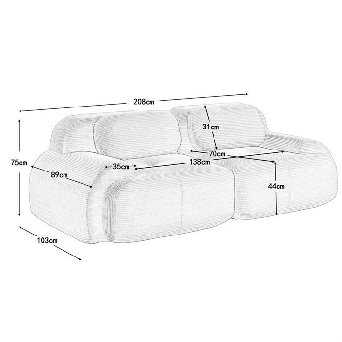DRIPEX Canapé 2 places Loveseat 208cm en velours côtelé,Canapé modulable avec accoudoirs incurvés,entièrement compressé,Gris
