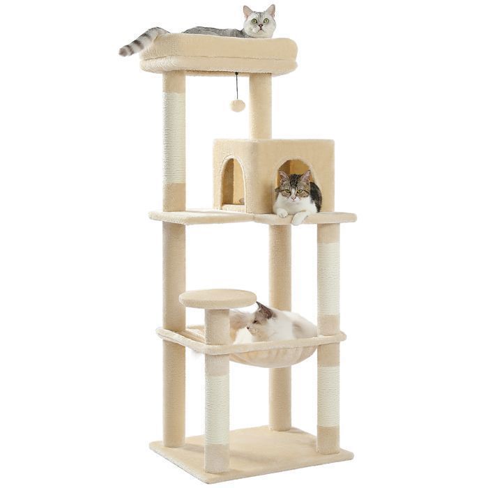 PAWZ Road Cat Tree, Spacious Design, Large, Sturdy Hammock with Hammock and Beautiful Cat House - Beige - 143 cm