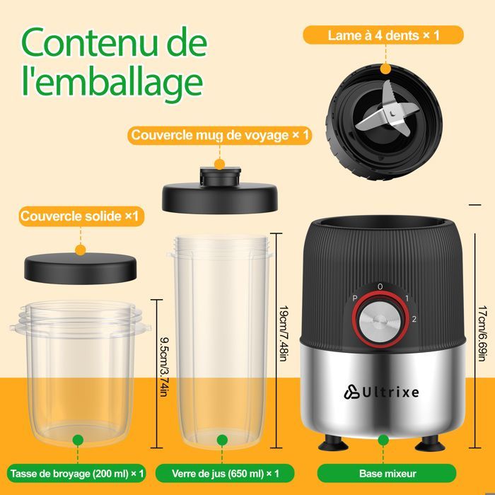 Elektrische smoothieblender van 1000 W met BPA-vrije flessen van 650 ml en 200 ml en 4 roestvrijstalen messen.