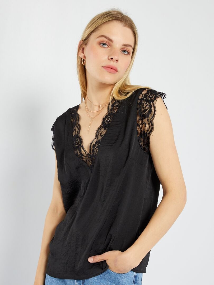 Satijnen blouse met kant - Zwart