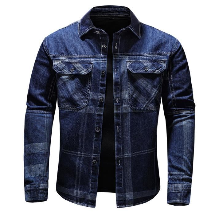 Camisa vaquera para hombre, manga larga, dos bolsillos en el pecho, estampado a cuadros.