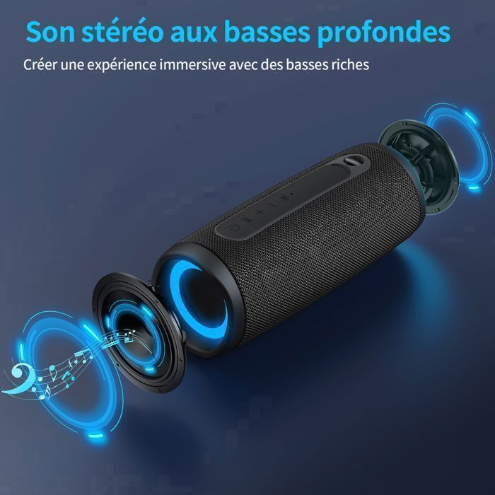 VEATOOL 20W Tragbarer Bluetooth 5.0 Lautsprecher mit leistungsstarkem 360°-Subwoofer, 2000mAh Akku, 15 Stunden Wiedergabezeit, IPX5 wasserdicht, USB-C, Schwarz